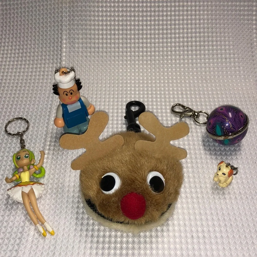 5 Girls’ Keychains Bag Clips Joke Book Anime Ballerina, Baker Lip Balm Puppy
